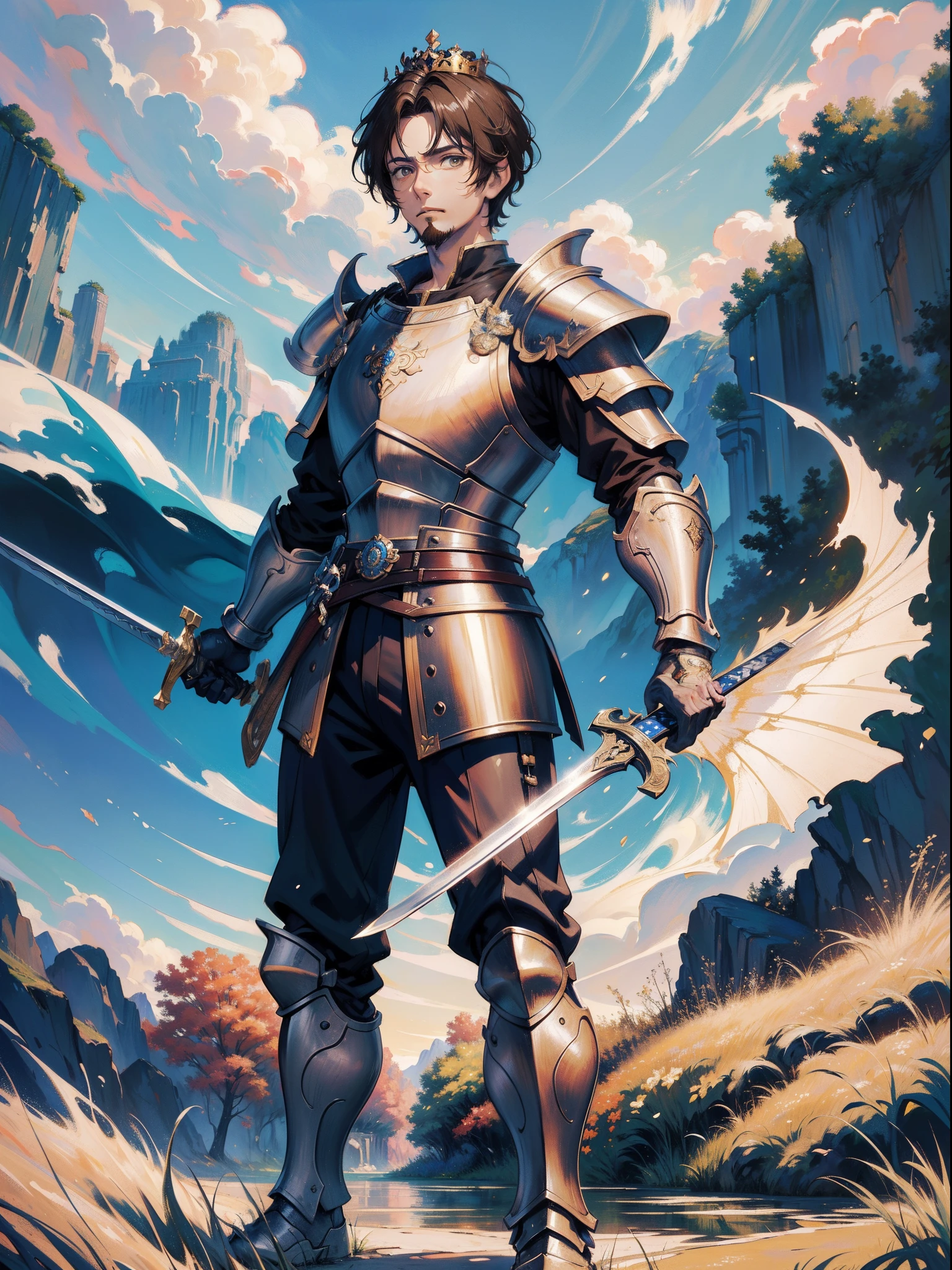 masterpiece, official art, 8k, masterpiece, best quality, highly detailed, realistic, king standing with commanding presence holding a sword, very short cropped brown hair, small goatee, hazel eyes, crown, full metal armor, standing, holding a sword, full body, facing forward, looking at camera, movie quality