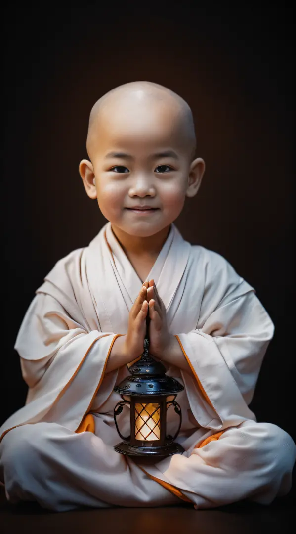 A little monk with a toddler，had his hands folded，sit with legs crossed，Orange monk robe，Perfect facial features，face to the vie...
