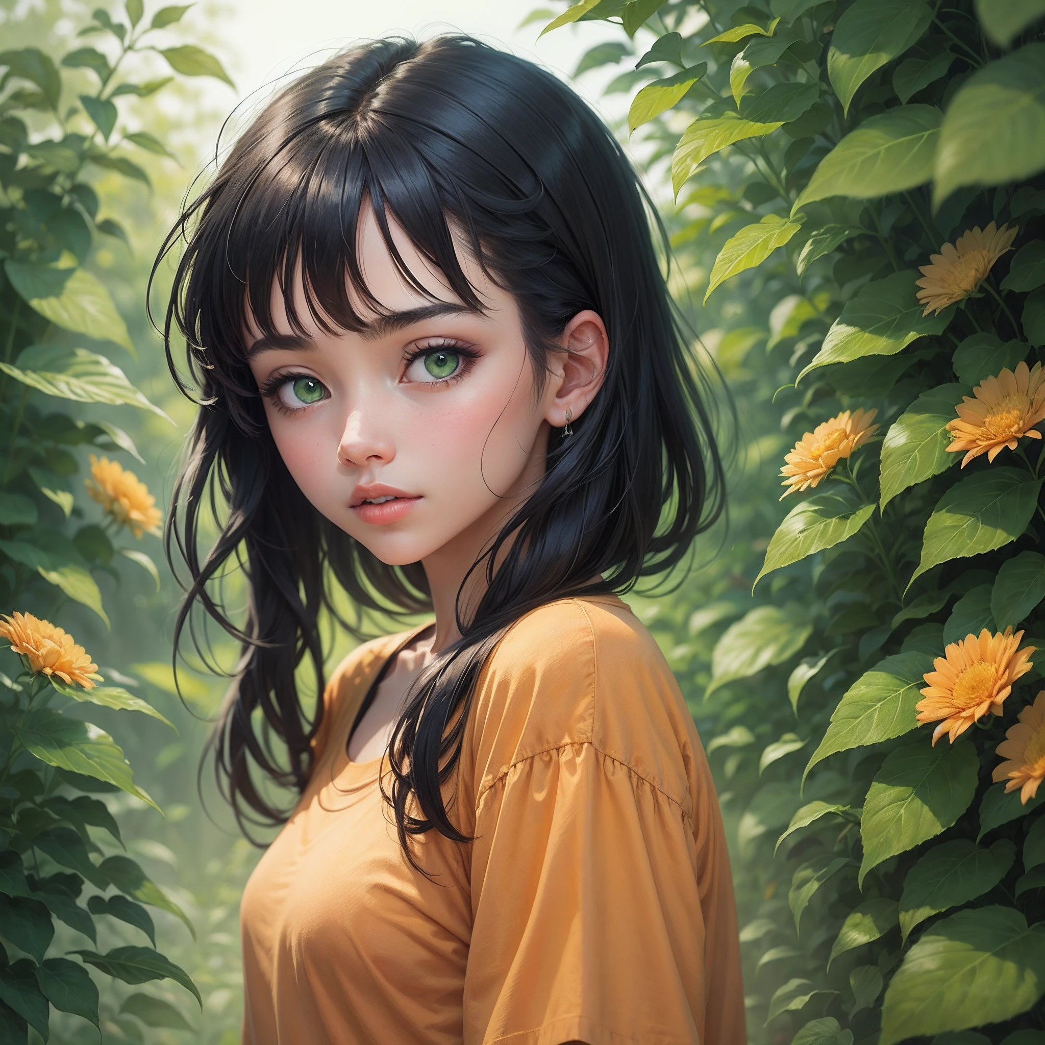 Girl with black hair, green eyes, orange shirt, surrounded by flowers and plants, illustration --auto --s2