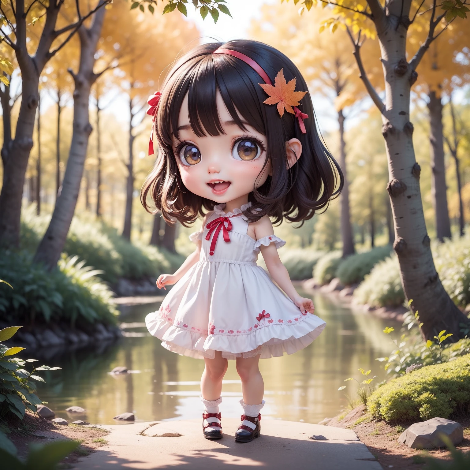 Cute Baby 赤壁 Anime,超級傑作, 頂級品質, 超詳細, 女孩1、（（（赤壁）））、一個黑髮的、時裝模特兒、硬摇滚风格、张开嘴微笑、看著相機、全身照、秋天童話神奇之地的森林和湖泊