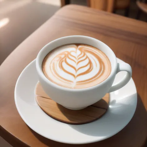 A close-up shot of a latte art masterpiece, where the frothy milk forms a detailed image of a swan swimming on the coffee's surface. The cup sits on a rustic wooden table, accompanied by a teaspoon and a saucer. Medium: Photography. Style: Photo hyper-real...