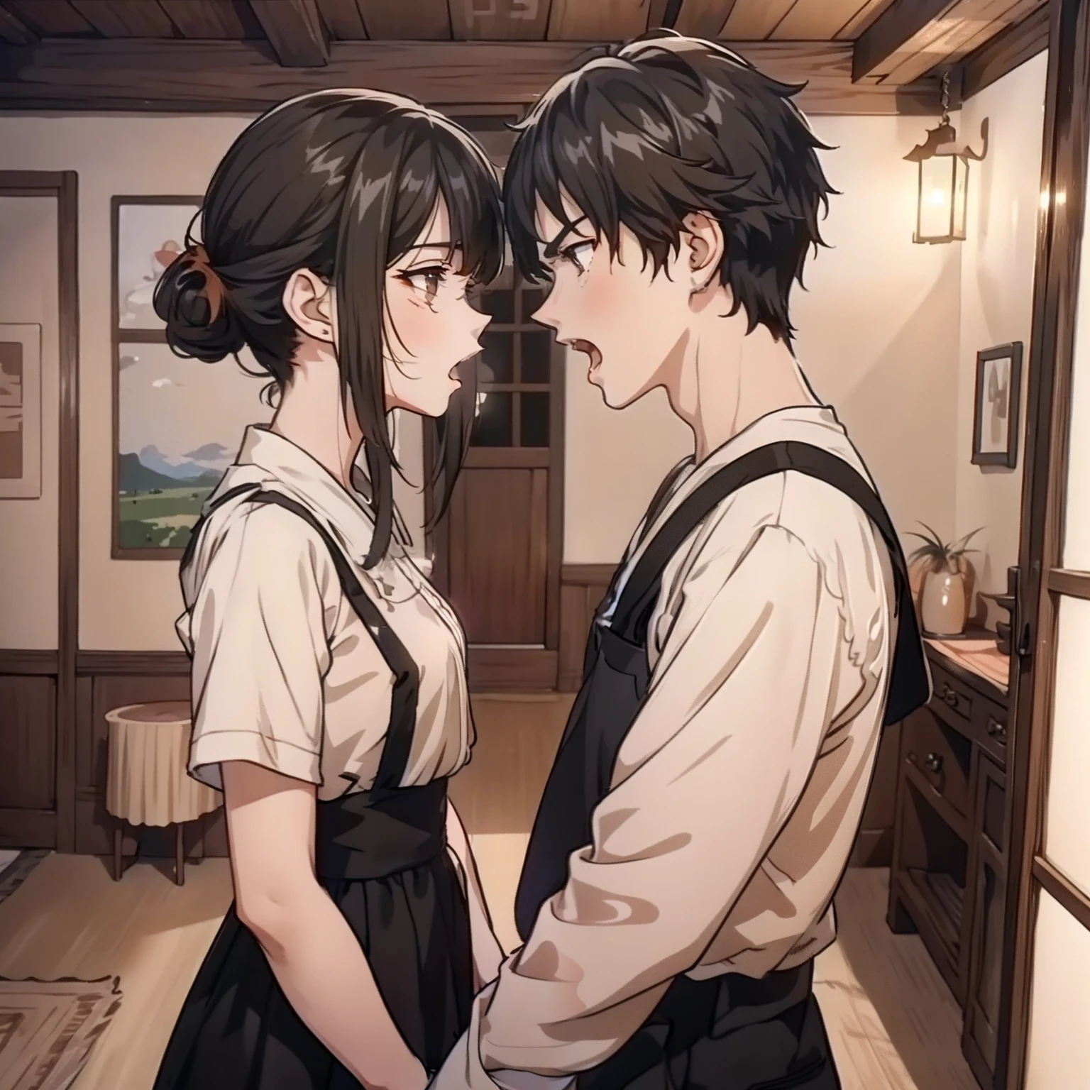 In a village room, a young couple stands side by side in the room talking angrily, (young couple 1.5) (open mouth yelling 1.5) (angry expression 1.5) (background is in the village room) anime style 4 K, anime rendering, anime style. 8K, upper body display 1.5) (cinematic lighting 1.5)
