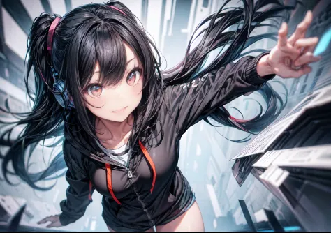 one girl, black hair, long hair, long bangs, one blade on the side, headphones, slit-eyes, tusk, grin, blackoversized cardigan w...