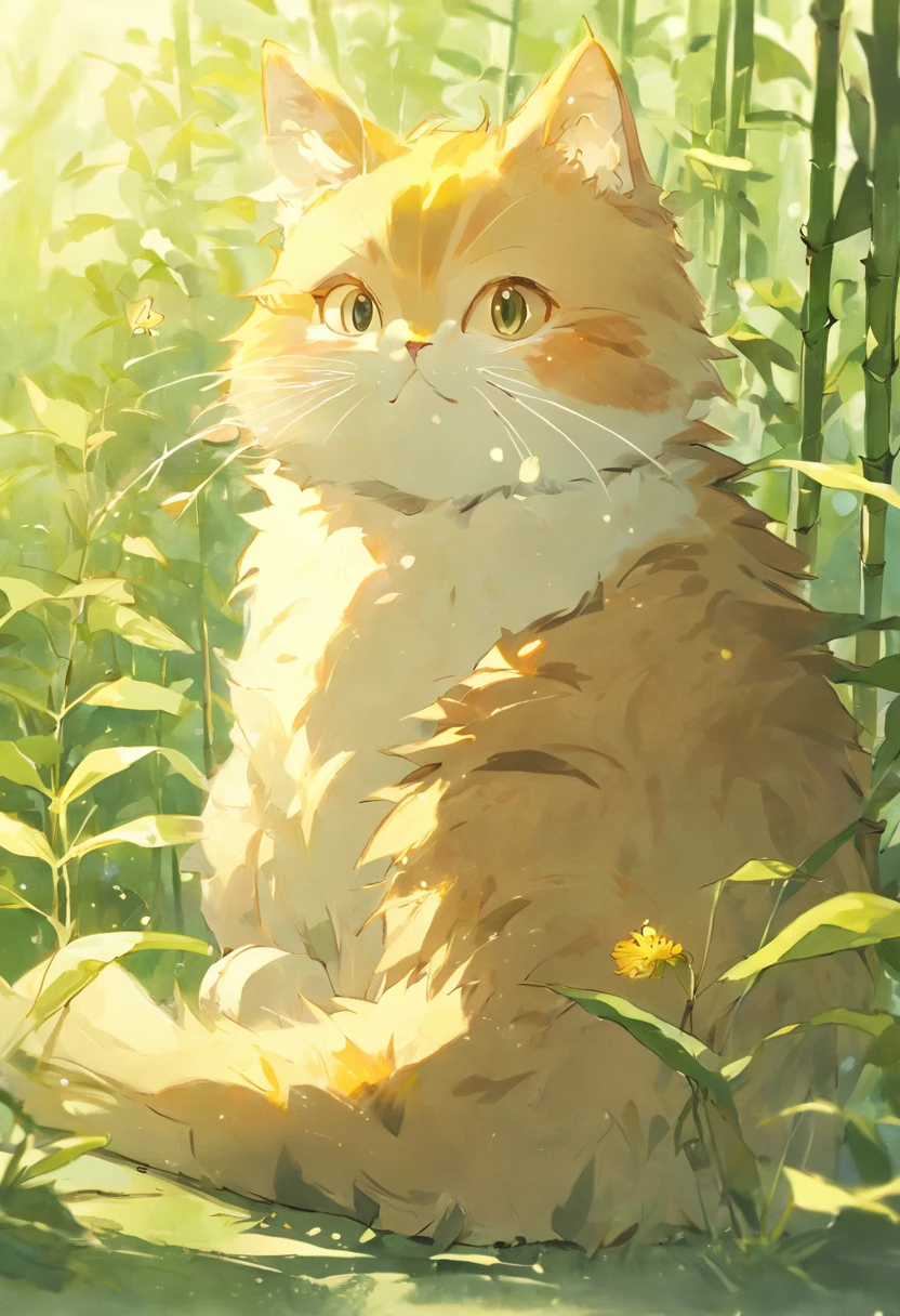 There is a cat sitting in the grass with a flower - SeaArt AI