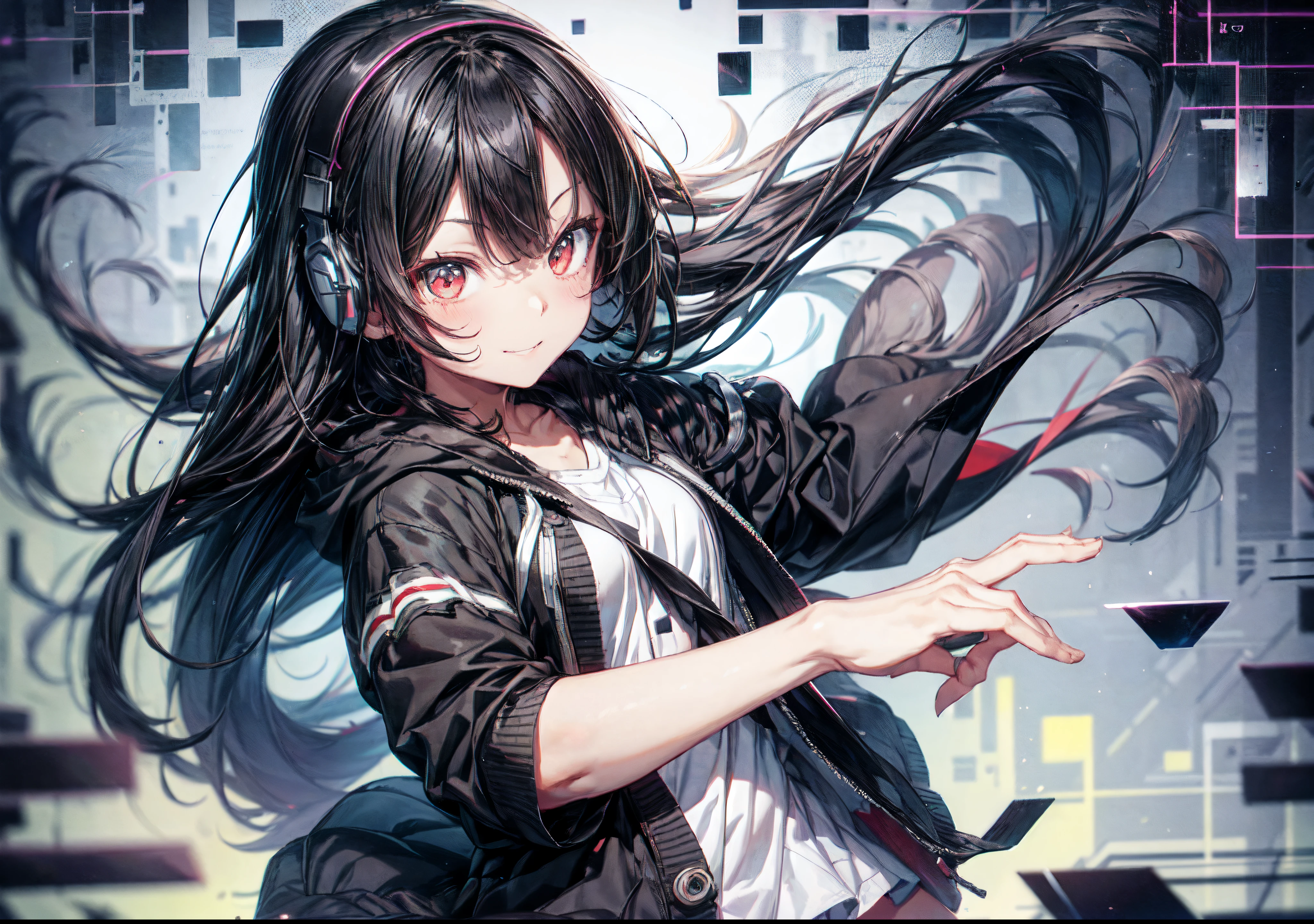 One girl, Black hair, Long hair, Long bangs, One blade on the side, headphones, slit-eyes, tusk, grin, Blackoversized cardigan with hood, Shorts, Front view, portfolio, Colorful background, (glitch art: 1.5), Realistic expression, Realistic skin type, Incredibly absurd, ultra-quality, Superfine Detail, hyper detailed background,