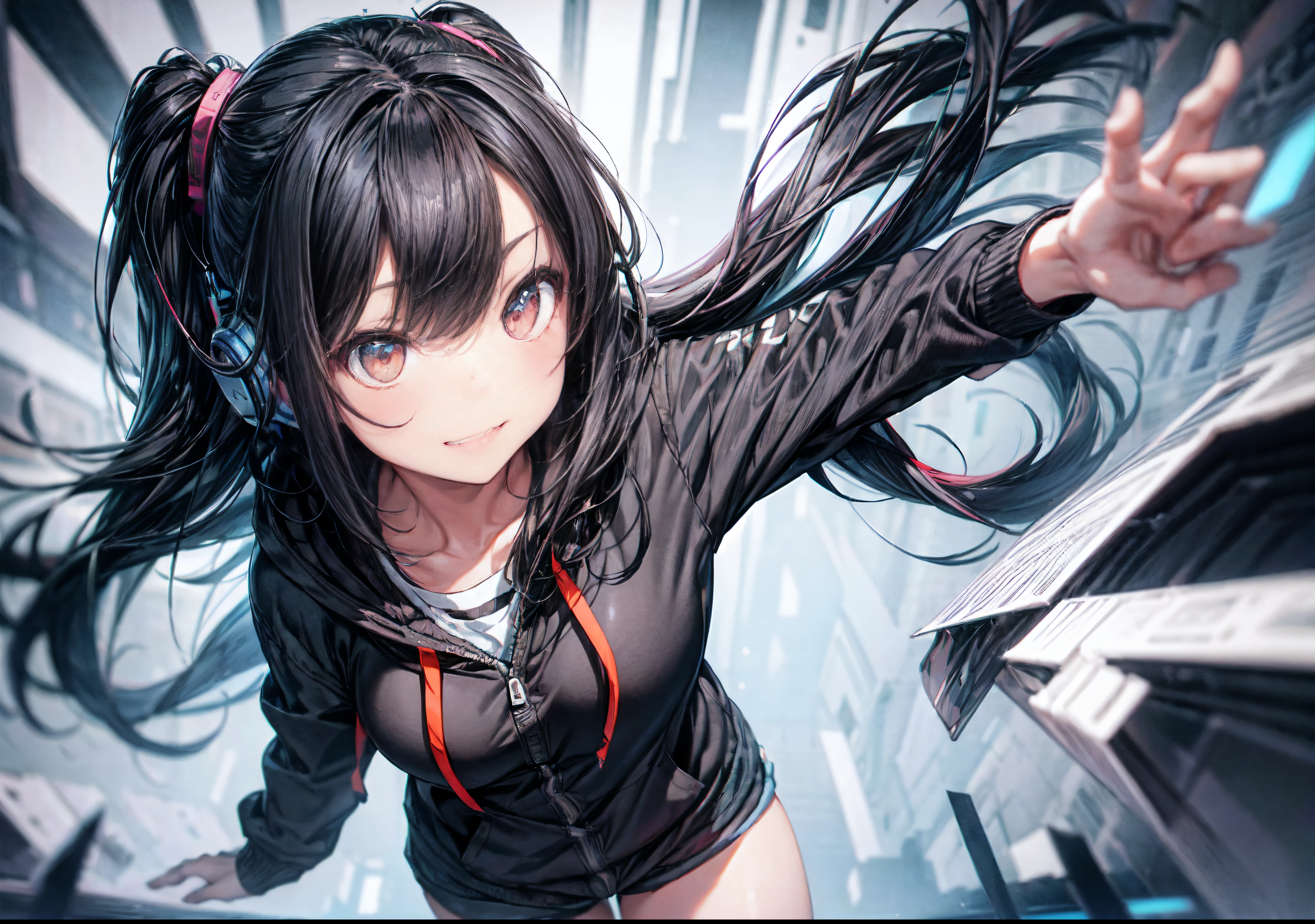 One girl, Black hair, Long hair, Long bangs, One blade on the side, headphones, slit-eyes, tusk, grin, Blackoversized cardigan with hood, Shorts, Front view, portfolio, Colorful background, (glitch art: 1.5), Realistic expression, Realistic skin type, Incredibly absurd, ultra-quality, Superfine Detail, hyper detailed background,