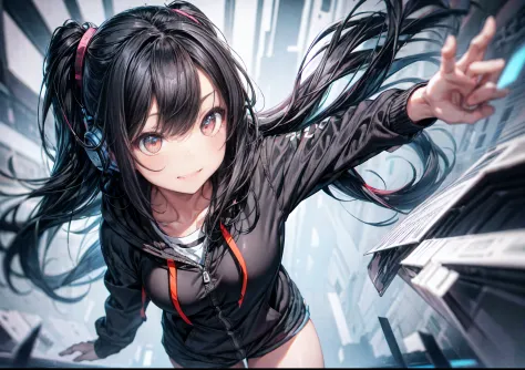 one girl, black hair, long hair, long bangs, one blade on the side, headphones, slit-eyes, tusk, grin, blackoversized cardigan w...