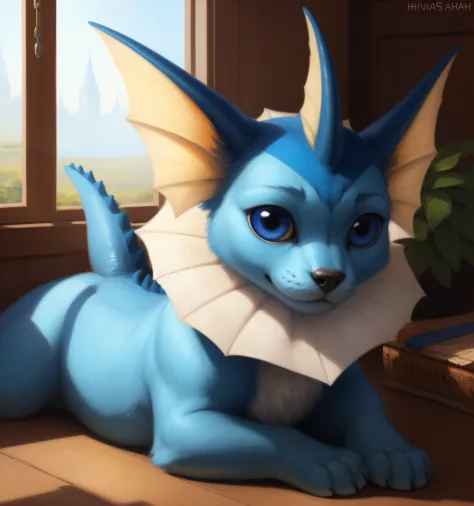 animal focus, feral, solo, vaporeon, big eyes, looking at viewer, paws, masterpiece, best quality, ultradetailed, detailed backg...