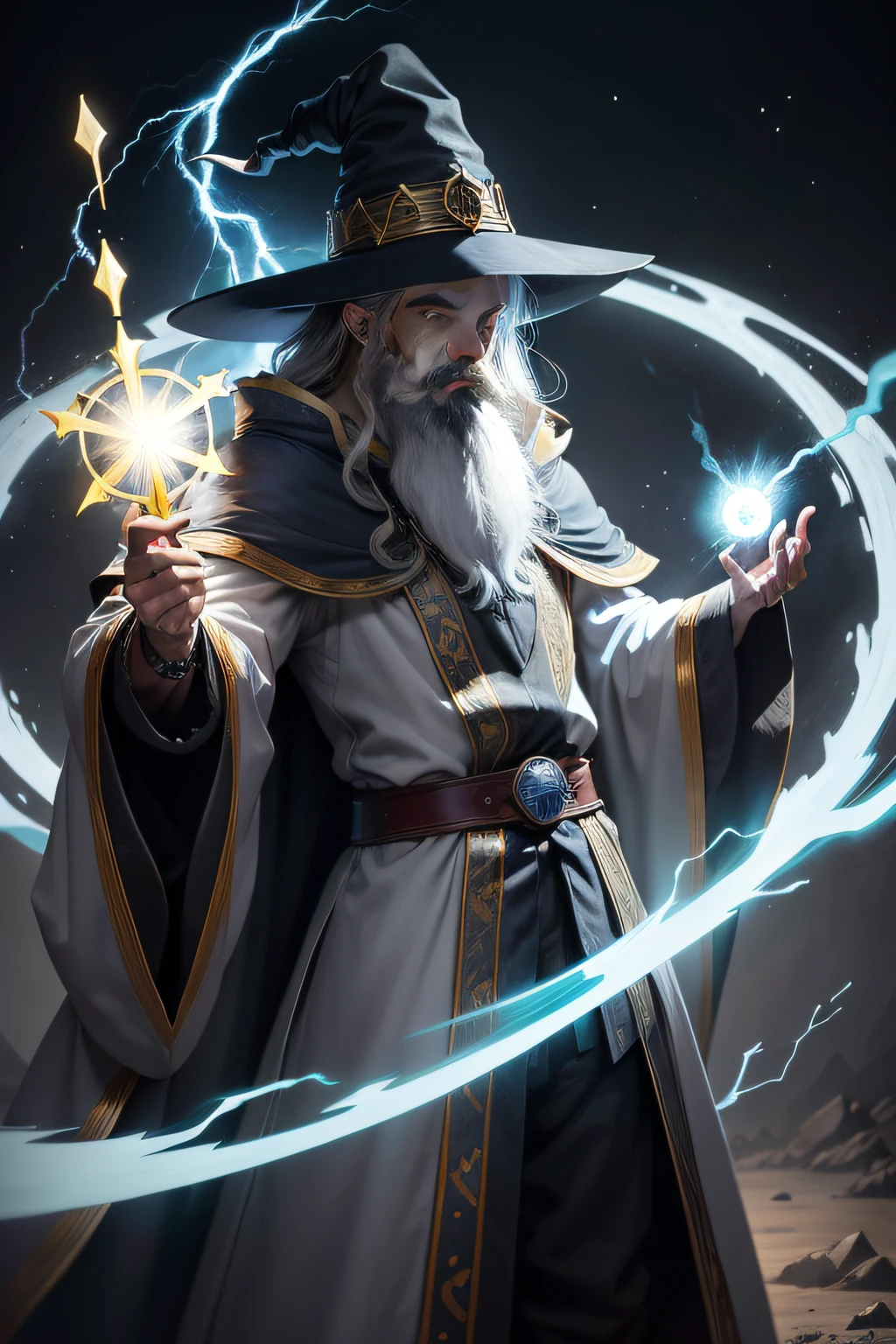 criar personagem de anime que seja um mago com barba longa, wizard's hat and gray robes, olhos azuis brilhantes, holding a yellow lightning bolt in his hands. O fundo da imagem deve ser escuro e com raios de tempestade.