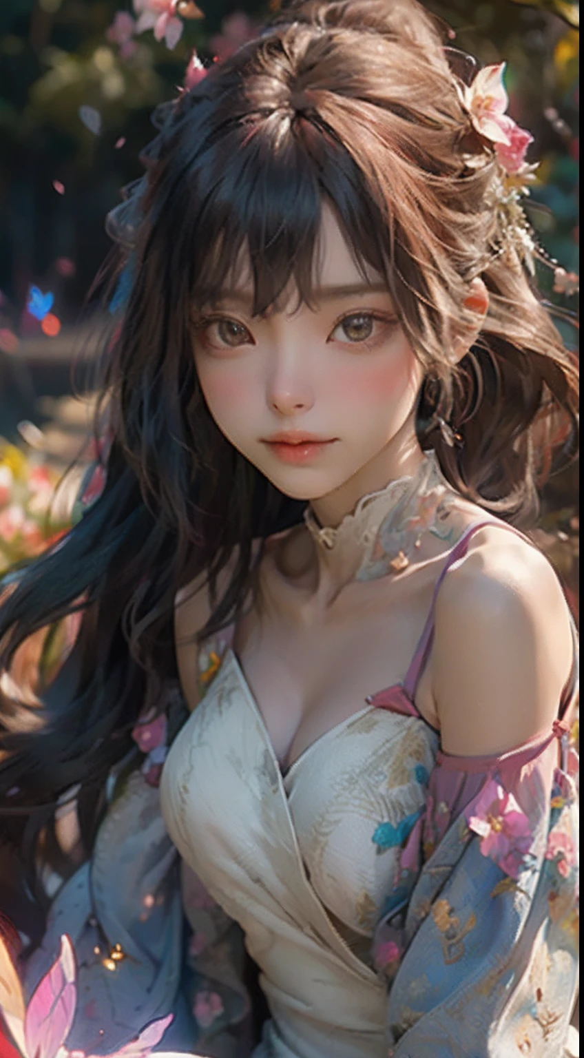 1girl, solo, full body, (masterpiece:1.21), (best quality:1.2), colorful, (illustration:1.2), (cinematic lighting:1.1), (bare shoulders:1.21), (collarbone:1.21) in this whimsical A beautiful and dreamlike garden, the scene is illuminated by a rainbow (colorful fireflies) dancing in the air. Pastel (drizzle) adorns the garden, creating a hazy and ethereal atmosphere. In the center of the picture, stands a single girl, an extremely beautiful girl, with lovely facial features and an innocent expression. Her long hair fluttered in the wind. She wore a low-cut strapless dress that accentuated her curves. The lighting is very delicate and beautiful, creating a soft warm glow that accentuates the water and makes it sparkle like a diamond. The finest grasses are also illuminated to create a lush carpet. The garden is surrounded by colorful flower fields with flowers of all colors and shapes. Various colors and sizes (coloured butterflies) can be seen flying around the scene, adding to the overall sense of wonder and magic. (Everyone, judges), a blush can be seen on the bridge of the nose, and the mouth is slightly opened, which adds to the overall sense of innocence and youth. Falling petals can be seen waving around her, adding to the overall sense of romance and beauty. The breeze is blowing, the leaves are rustling, and the flowers are swaying, adding to the overall dynamism and vitality. It is a scene of pure wonder and magic, full of color and beauty, where the viewer can lose themselves in this enchanting and captivating world.