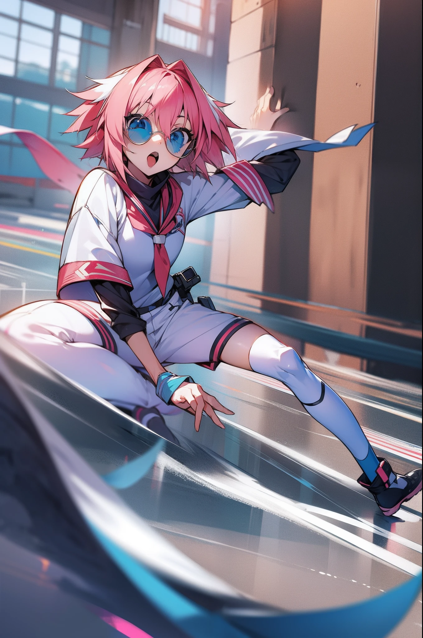 Anime girl with pink hair and blue eyes sitting on a skateboard - SeaArt AI