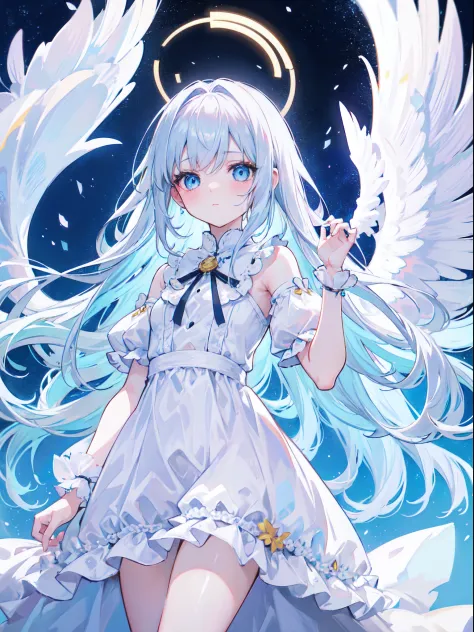 Anime like girl character, small girl, small body, wearing a white long dress, with white long hair, blue eyes, halo, angelic appearance, with angel like wings, white cloud, blue sky, glossy lips, blushed chicks, glossy skin, shy type personality, cute and...