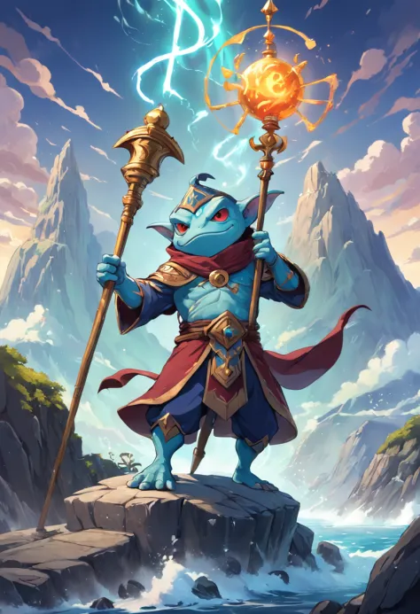Rob Gonsalves/world of warcraft/Cuphead art style, vectorial, scribbles, Logo design, Anthropomorphic drawing of a frog man，1.0 wearing a staff, Wearing ancient costumes，The mage wears， Combat posture , In battle，Mountain and sea show in the background, si...