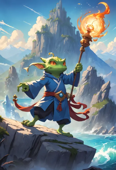 Rob Gonsalves/world of warcraft/Cuphead art style, vectorial, scribbles, Logo design, Anthropomorphic drawing of a frog man，1.0 wearing a staff, Wearing ancient costumes，The mage wears， Combat posture , In battle，Mountain and sea show in the background, si...