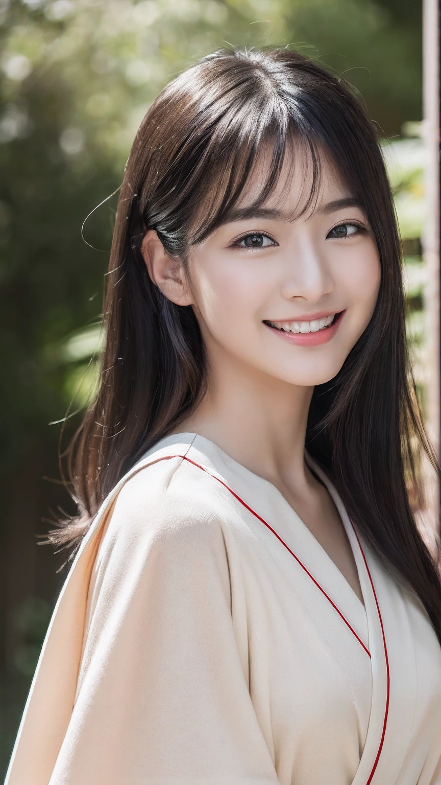 (​masterpiece:1.3), (in 8K, Photorealsitic, Raw photography, Top image quality: 1.4), japanes, (1girl in), beauitful face, (Lifelike face), (A dark-haired, long:1.3), Beautiful hairstyle, Realistic eyes, Beautiful eyes, (real looking skin), Beautiful skin, enticing, 超A high resolution, A hyper-realistic, high-detail, the golden ratio, Detal Face,see the beholder,lightsmile、((1 girl in)), (NSFW:1.2), (Highly detailed CG Unity 8K wallpapers), (​masterpiece), (top-quality), (ultra-detailliert), (The best illustrations), (Best Shadows), (realisitic), (pureerosface_v1:0.5), lensflare, (depth of fields), (natural soft light), 超A high resolution, (eye detailed), A charming smile, (brunette) , Black Long Hair、((The chest is slightly open:1.2、Hakama、a red skirt))、（torii gate、temple）、（full bodyesbian：1.5）