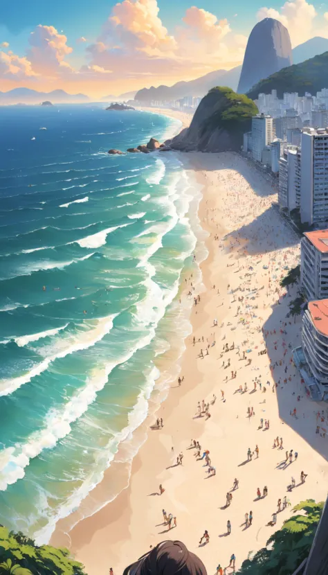 Praia de Copacabana , rio de janeiro , pessoas na praia com roupas de praia , imagem sem deformidades , melhor qualidade total , obra prima