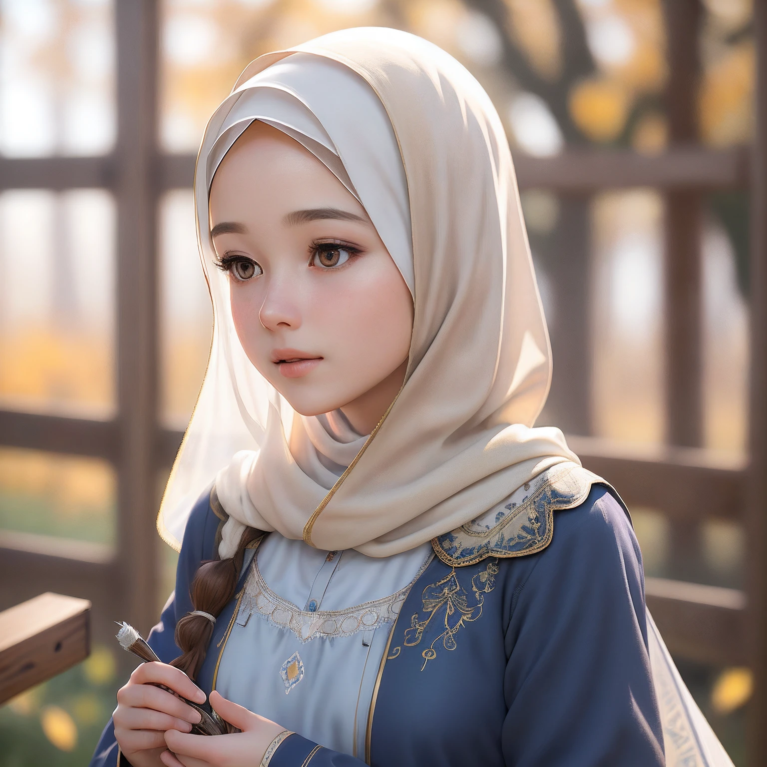 (RAW photo, best quality), (realistic, photo-realistic:1.3), 1 girl, solo girl, extremely delicate and beautiful, Amazing, finely detail, masterpiece, ultra-detailed, highres,(best illustration), (best shadow),intricate,depth of filed, On a summer afternoon, a lovely blue female muslim dress with tunic, pashmina hijabs, hijab, In the golden hues of autumn, creating a soothing sound, shine eyes, immersing herself in harmony with nature, No hair,(blurry background:1.4), sharp focus, volumetric fog, 8k UHD, high quality, (film grain:1.4), apertur f/1.4,