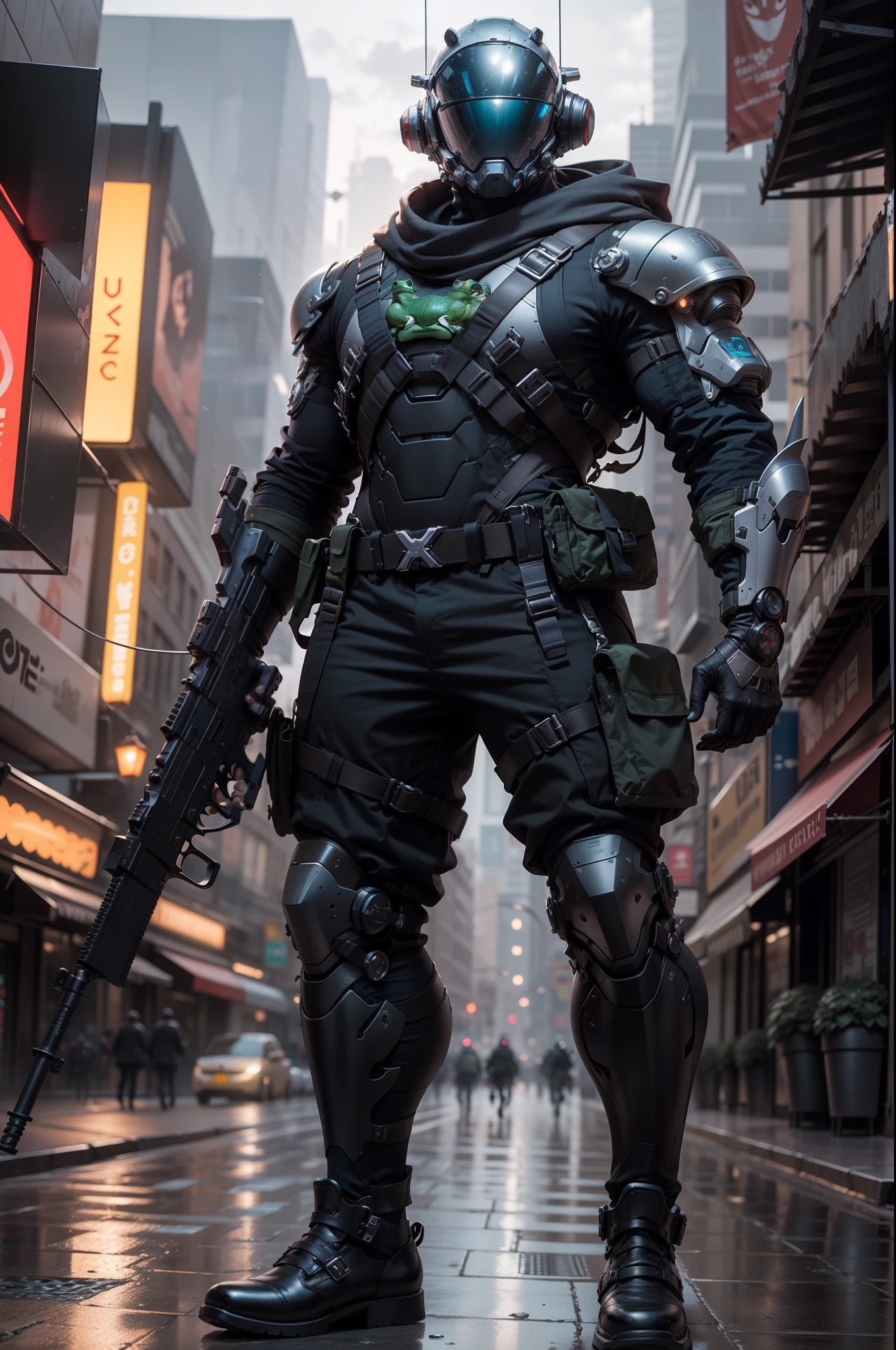 1 Mann, ein futuristisch anmutender männlicher Militärkommandant mit einem fantastischen ((quadratischer Cyberhelmkopf mit blauen Lichtern)) und ein Paar mechanische Füße, mit einem Paar ((eisengraue Handschuhe)), Keine Schuhe, Gekleidet in ((FROG grauer Anzug)), Standing in Cyberpunk City, Waffe haltend, Waffe haltend, Gewehr, Pistole, Sturmgewehr, Tragen von epTactical, Gesichtsfokus, UHD, anatomisch korrekt, beste Qualität, Meisterteil, Ganzkörperverkleidung