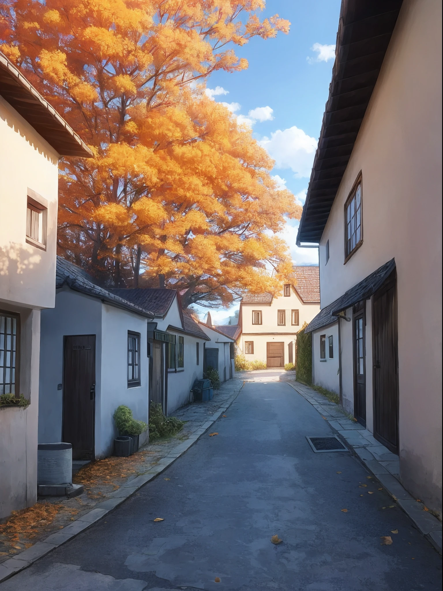 Village town, alley, morning, rural town, german architecture, autumn, day light, shadow, blue sky, clouds, corners, bare ground, no pavement, few autumn trees, frontal view