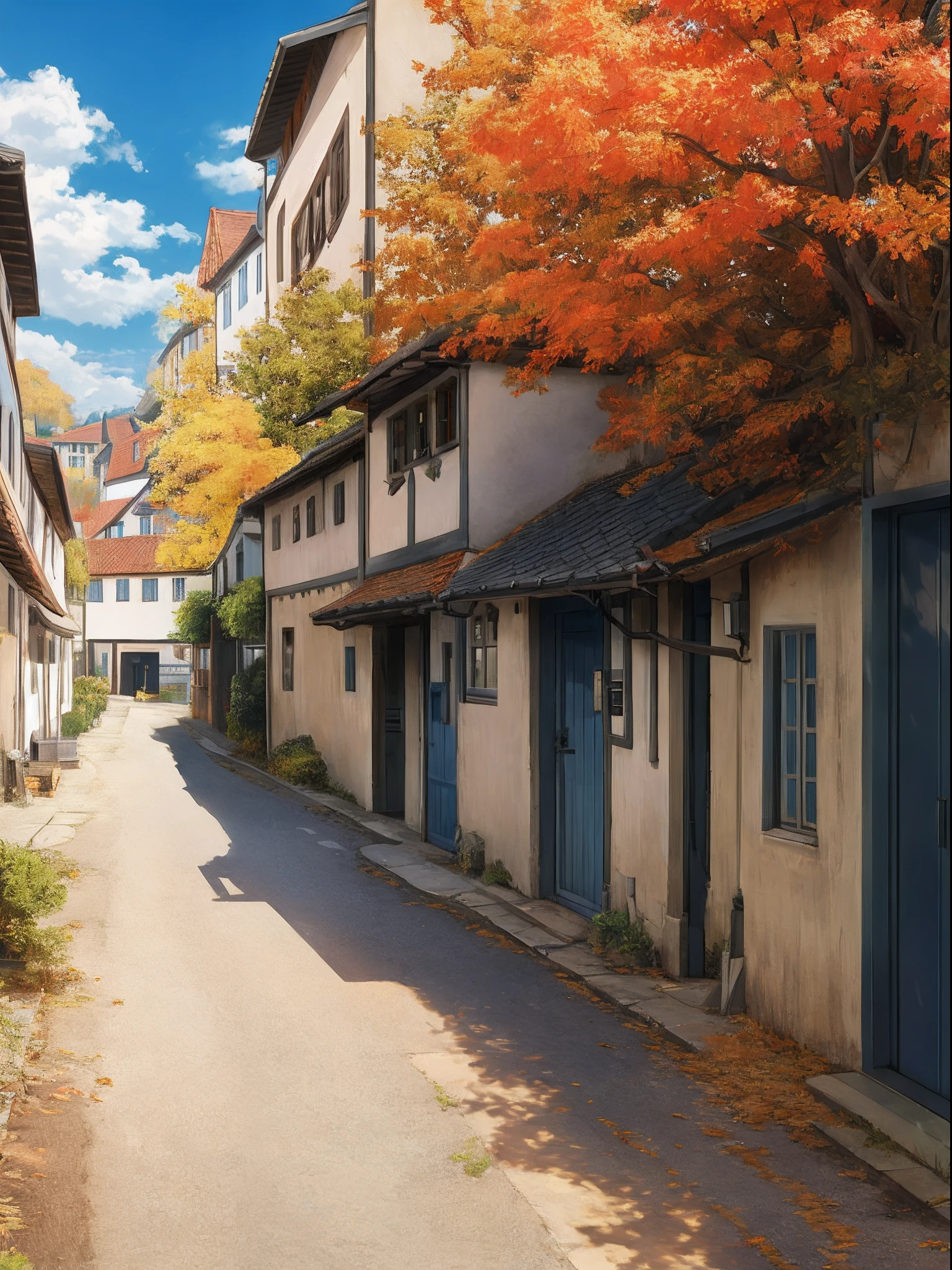 Village town, alley, morning, rural town, german architecture, autumn, day light, noon, blue sky, clouds, corners, bare ground, no pavement, few autumn trees, frontal view