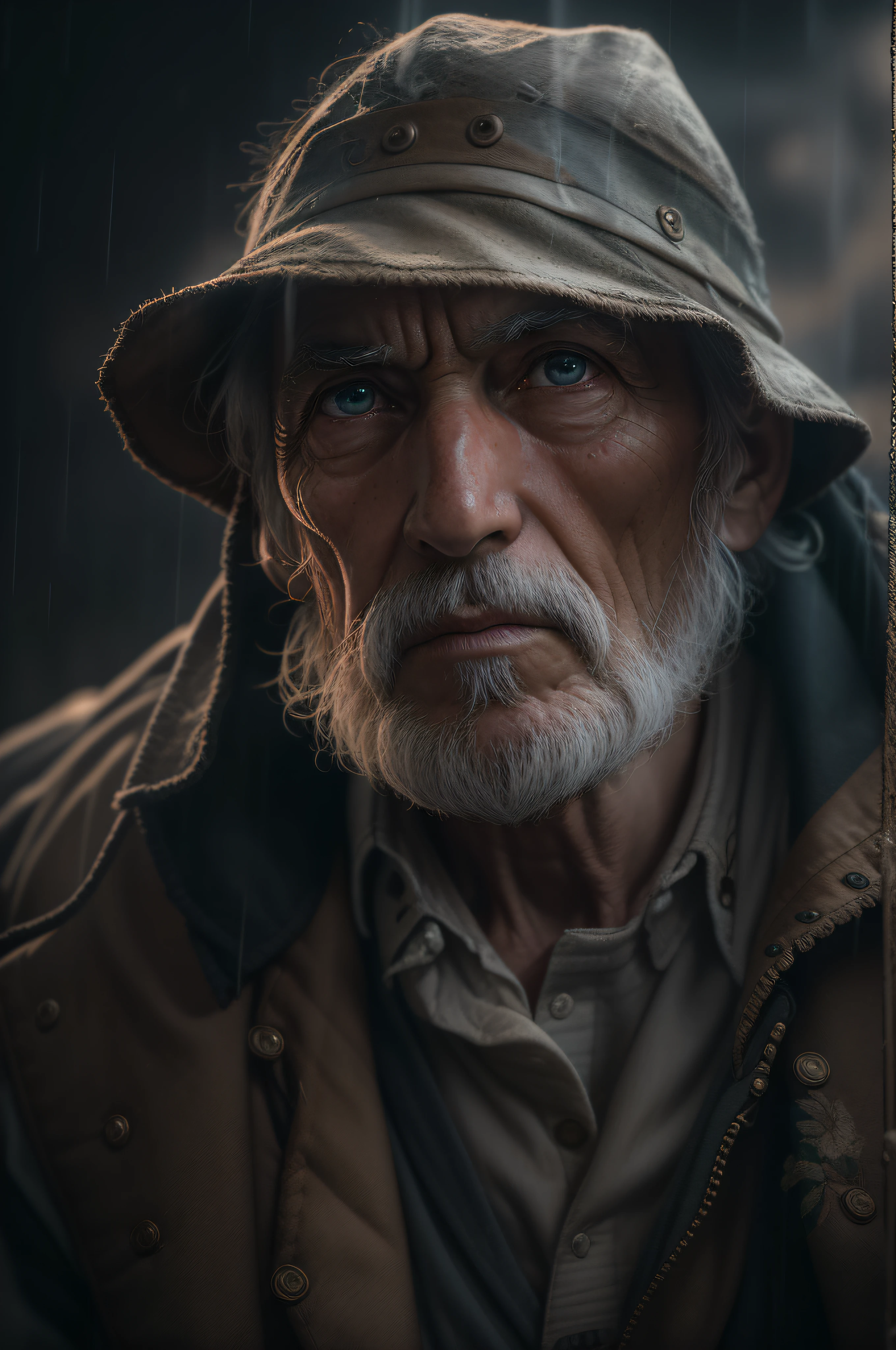 (sharp focus:1.2), an award winning full body photo of an old man peasant, water droplets, thunderstorm outside, lightning back lighting, , lines on face, wrinkles, extremely detailed skin, sadness, hopelessness ,cloudy eyes, (deep shadows:1.1), high contrast, beautiful eyes, absurdres, 8k, (high quality:1.3), , artstation hd, concept art, detailed face and body, award-winning photography, (moody lighting:1.2), depth of field, bokeh, 4K, HDR