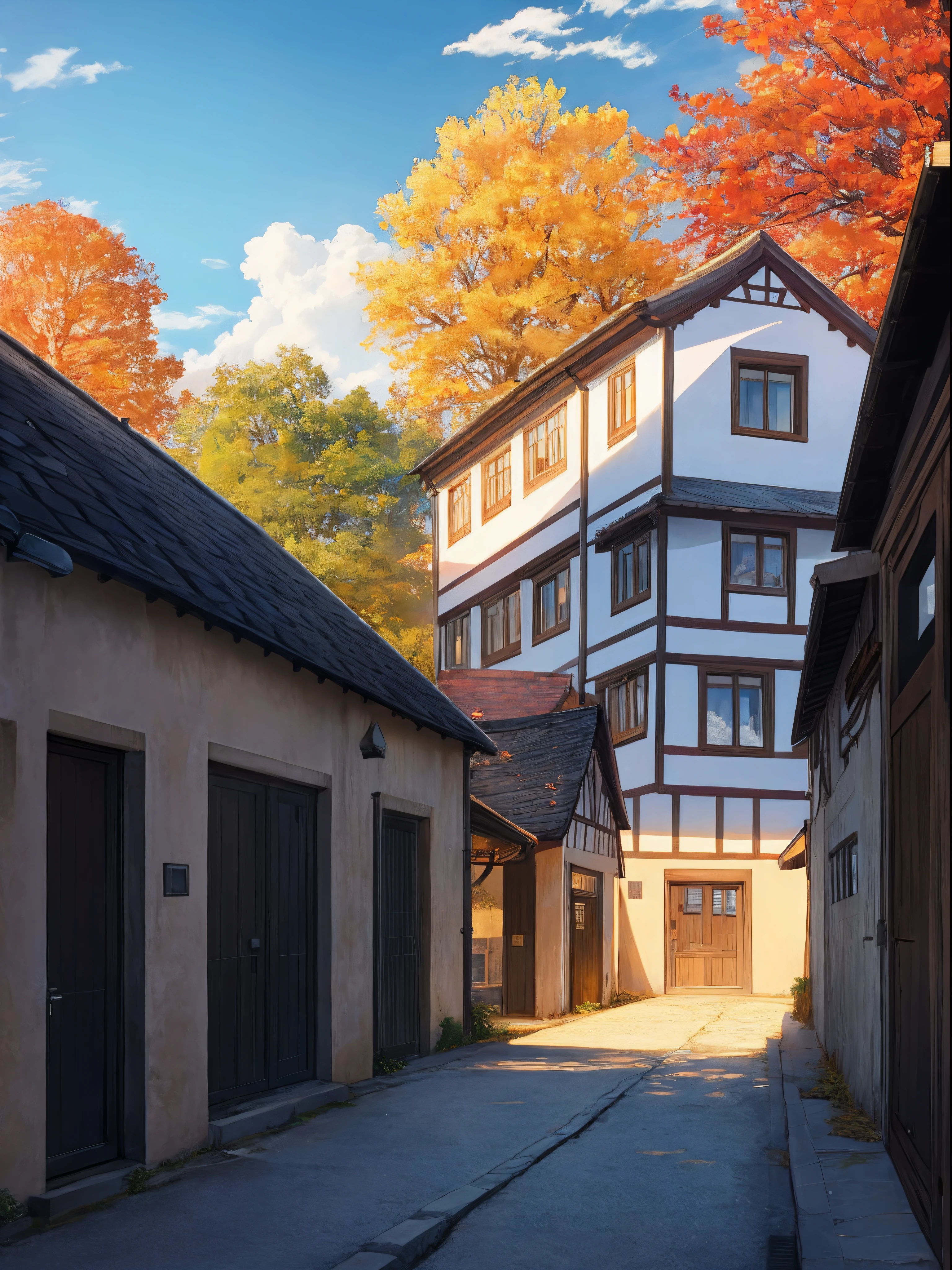 Village town, alley, morning, rural town, german architecture, autumn, day light, shadow, blue sky, clouds, corners