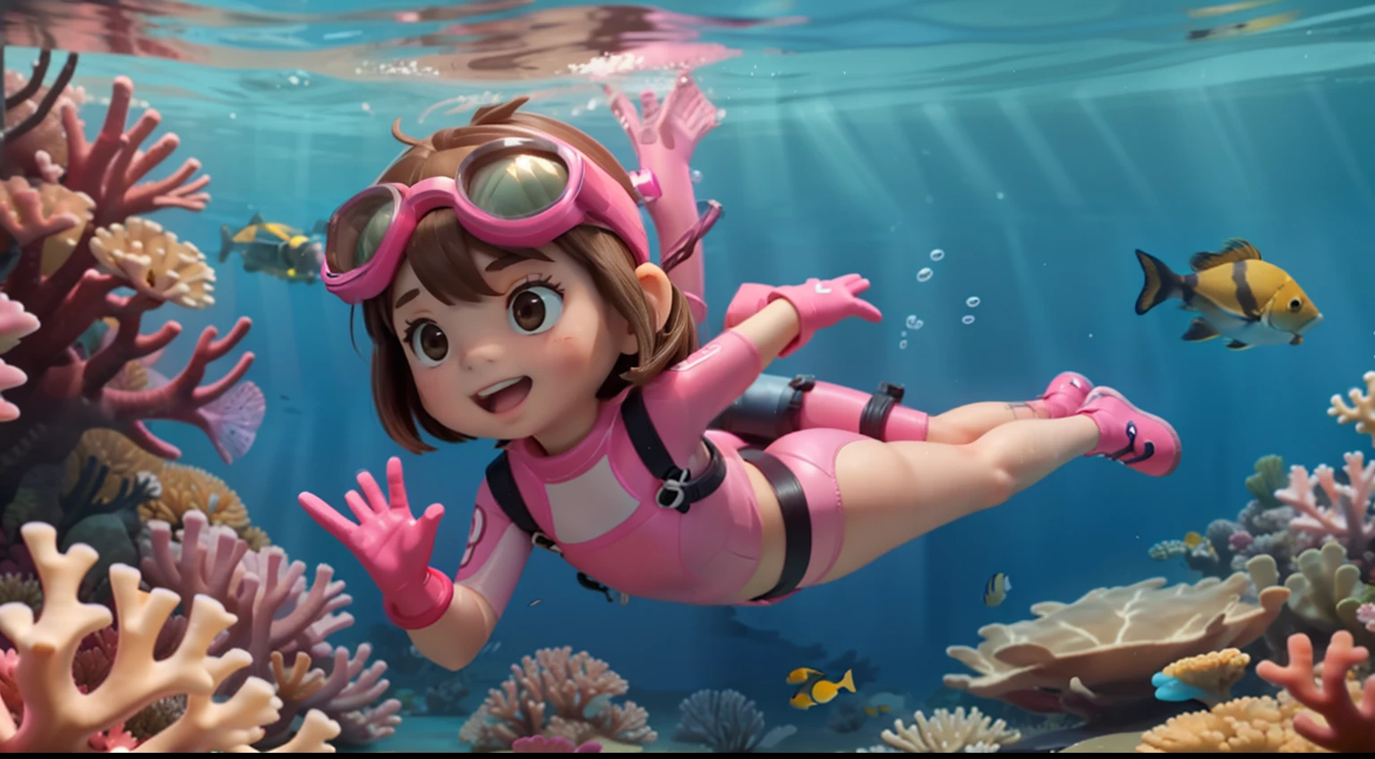 "High quality, masterpiece, 5-year-old , brown hair, pink diving suit, diving goggles, pink diving gloves, pink diving shoes, swimming towards the camera, underwater, coral reef, fish."