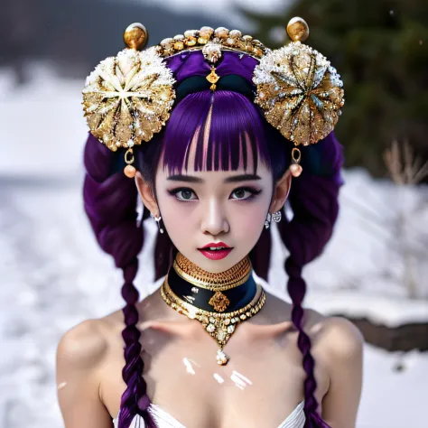 Muddy ground after snow，32K（tmasterpiece，k hd，hyper HD，32K）Purple-pink double ponytail，Girl naked in gold body jewelry, Highly d...