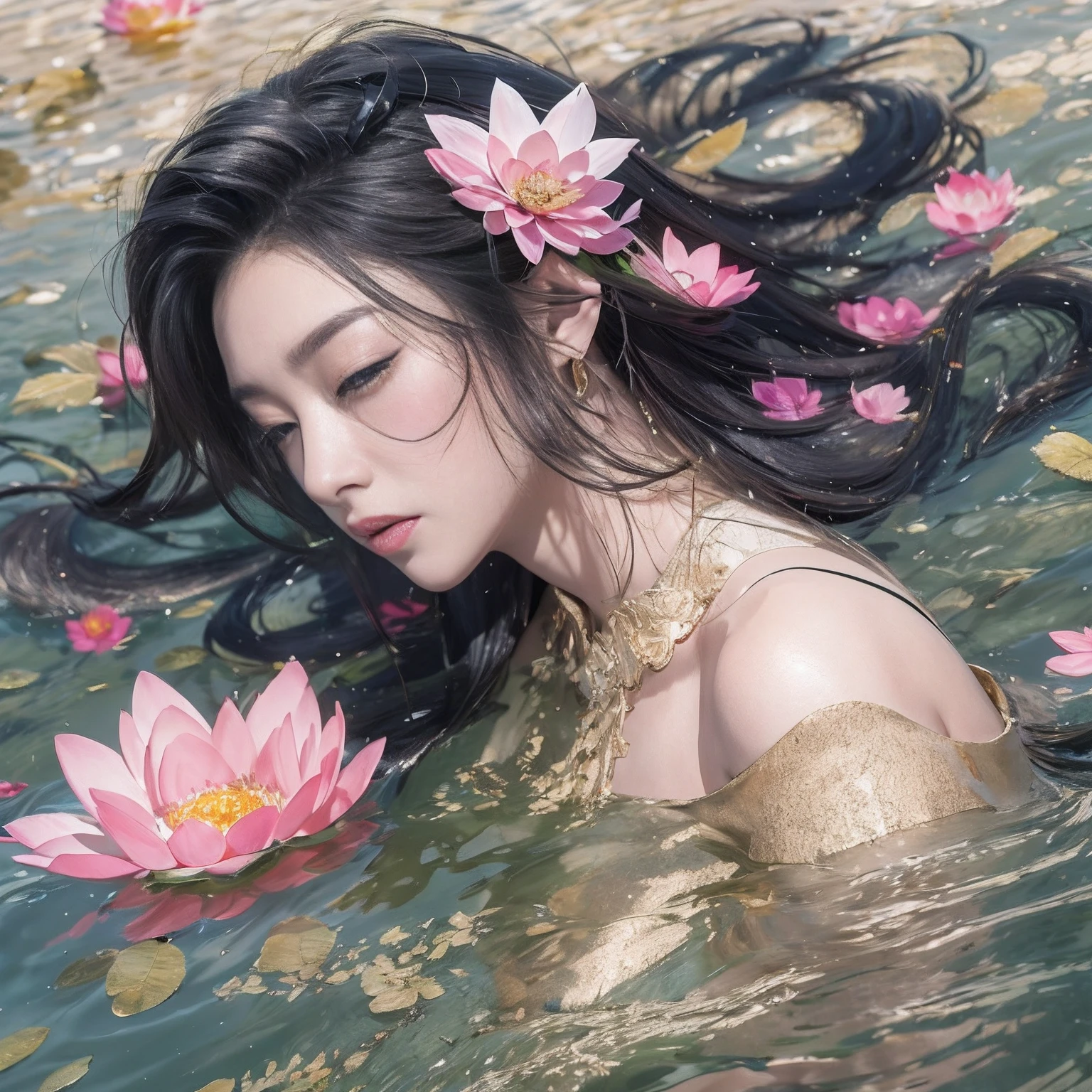 32K（tmasterpiece，k hd，hyper HD，32K）Long flowing black hair，standing in a pond，zydink， a color，  Xuzhou people （seductiv）， （Rinse women's bloodshot scarves），， looking at the ground， Maruko long hair，Leaking cleavage，Plump breasts Floating hair， Carp pattern headdress， Chinese long-sleeved gold silk armor， （Abstract gouache splash：1.2）， Pink petal background，Pink and white lotus flowers fly（realisticlying：1.4），Black color hair，Fallen leaves flutter，The background is pure， A high resolution， the detail， RAW photogr