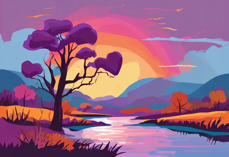 a purple landscape with mountains, trees and a river, in the style of ...