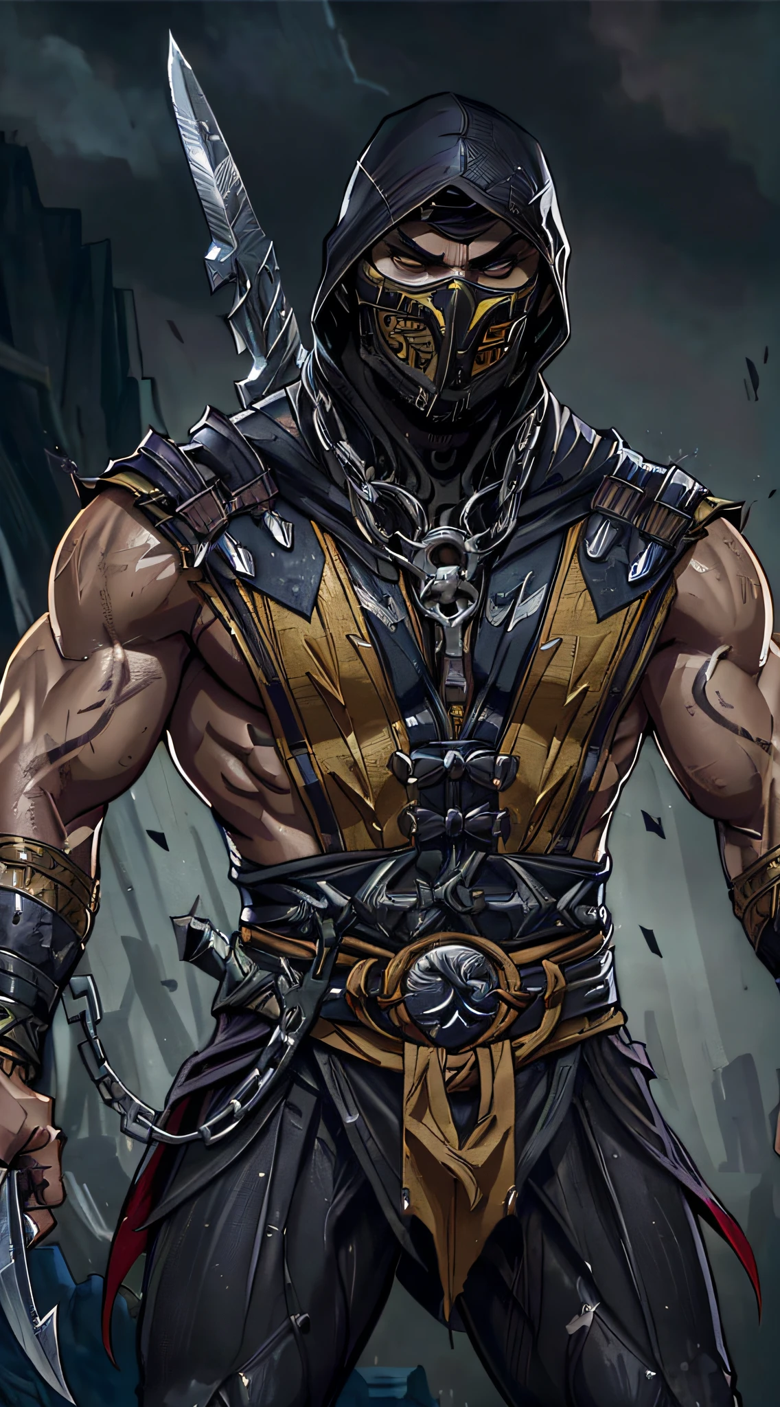 a photo of ((Jason Momoa)) as Scorpion from Mortal Kombat, yellow and black ninja outfit, (skull-like mask), kunai on a chain, Intricate, High Detail, Sharp focus, dramatic, photorealistic painting art by greg rutkowski