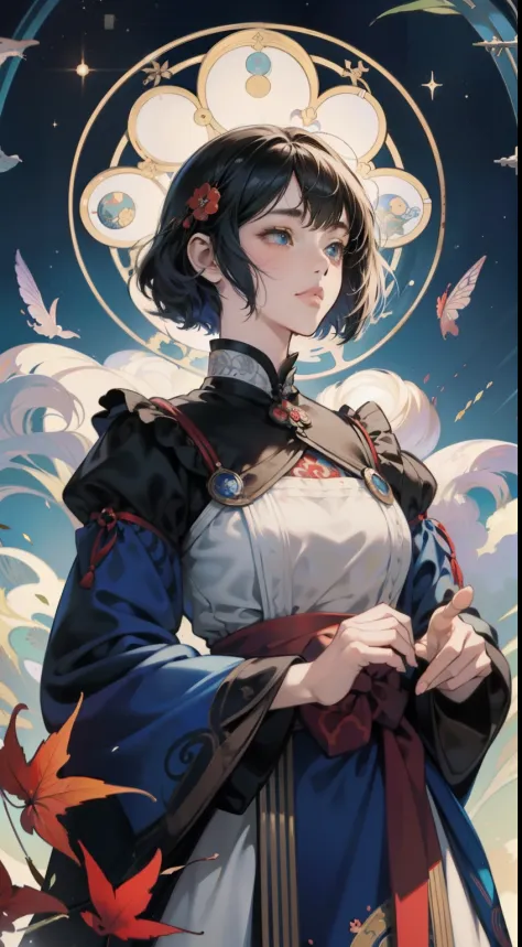 Ukiyo-e style　Christian Riese Lassen, Charles Robinson, Eleanor Fortescue-Brickdale, surreal　fanciful　wondrous　strange　Whimsical　Sci-Fi Fantasy　hi-school girl　A dark-haired　Autumn leaves with short hair　Circular Theater　hour glass　blue-sky　Hyperdetailed hi...