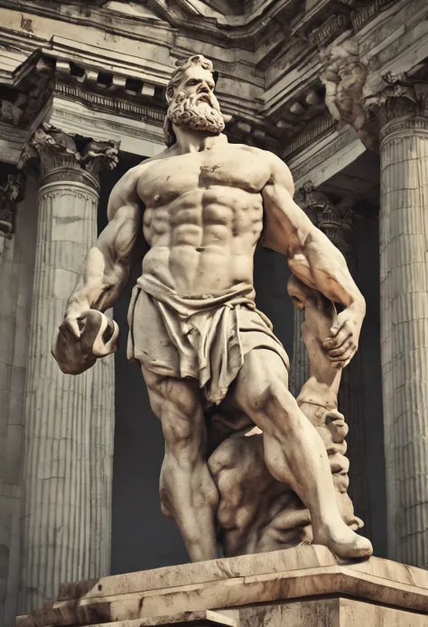 There's a man in front of a building, portrait of demigod hercules, statue of hercules, statue of hercules looking angry, epic scene of zeus, Retrato de Zeus acidentado, Retrato pintado de Zeus acidentado, Mito grego pintura digital, greco roman statue, de...