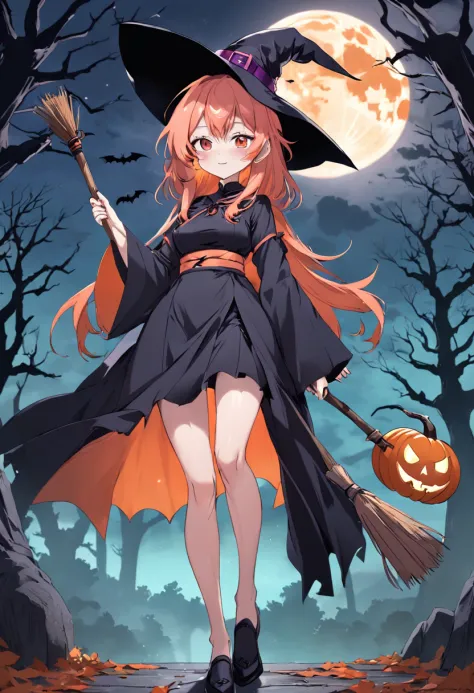 Full body Japanese Anime girl Halloweeen witch standing with witch broom front of orenge full moon and tree, bats flying around, 1girl, sexy, smirking, pink hair, green eyes, wearing witch hat and witch outfit, sexy outfit, masterpiece,Vector 2D, Black out...