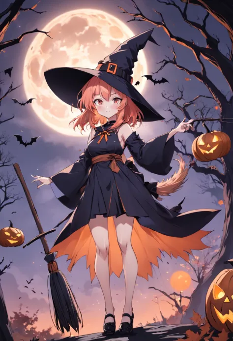 Full body Japanese Anime girl Halloweeen witch standing with witch broom front of orenge full moon and tree, bats flying around, 1girl, sexy, smirking, pink hair, green eyes, wearing witch hat and witch outfit, sexy outfit, masterpiece,Vector 2D, Black out...