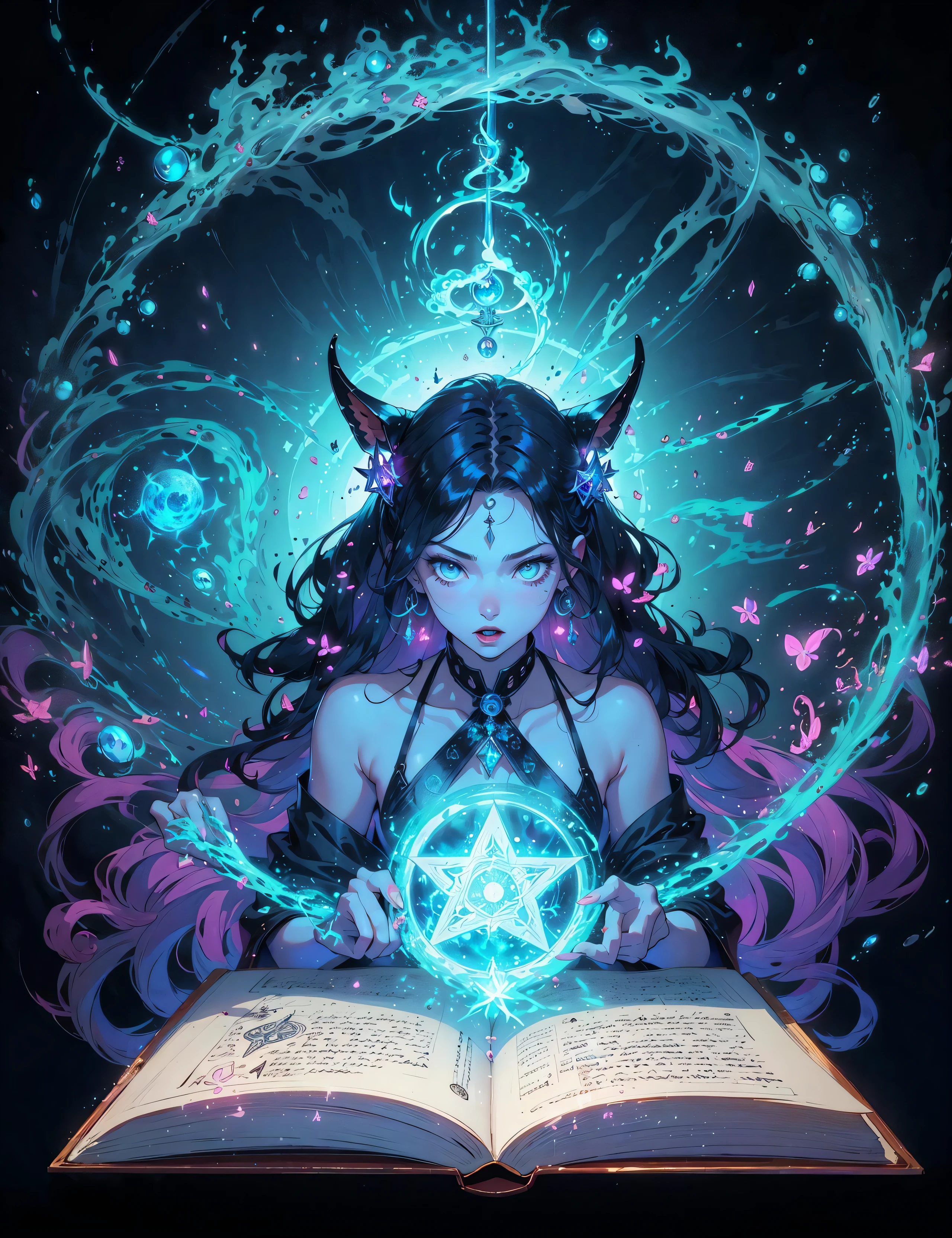 ((illustration)),colorful,wallpaper,energy,Unknown terror,arcane,Around the magic,magic surrounds,magic rod,book,pages flying all over the sky,Know it all,Predicting the Future,Know the past,Infinite wisdom,blue flame,Warlock,Magical Circle,Pentagram,incantation,mantra,Singing magic, bikini,