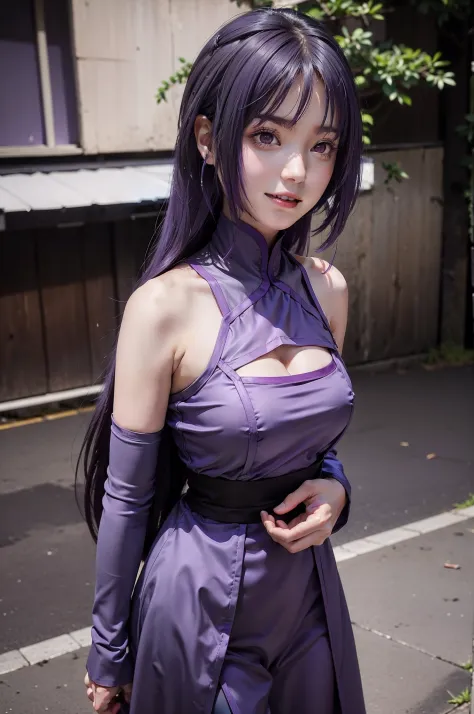 1girl, sumire in anime boruto, long hair, purple hair, purple eyes, smile, beautiful, sexy dress, sexy clothes, purple clothes, ...
