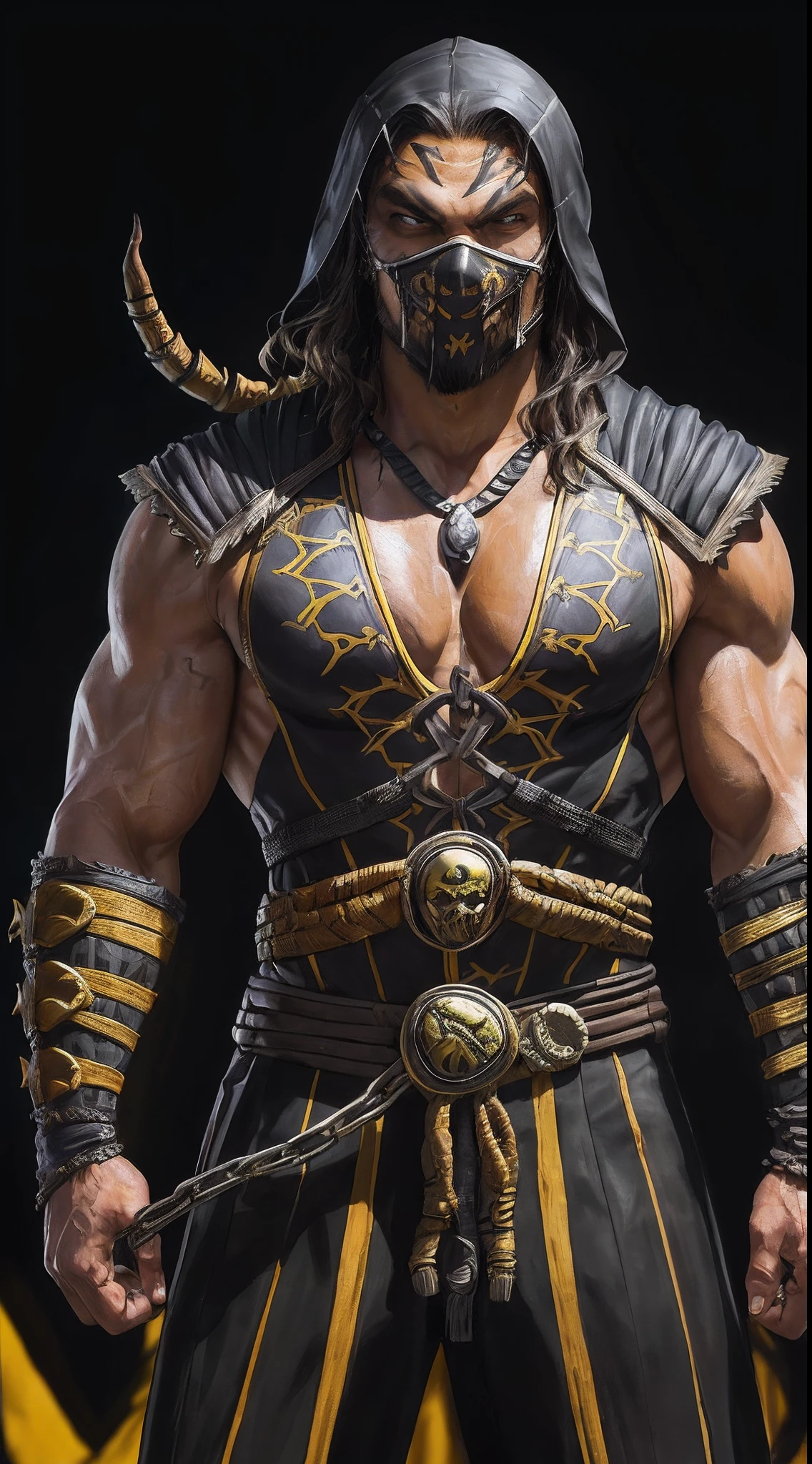 a photo of ((Jason Momoa)) as ((Scorpion)) from Mortal Kombat, yellow and black ninja outfit, (skull-like mask), kunai on a chain, Intricate, High Detail, Sharp focus, dramatic, photorealistic painting art by greg rutkowski