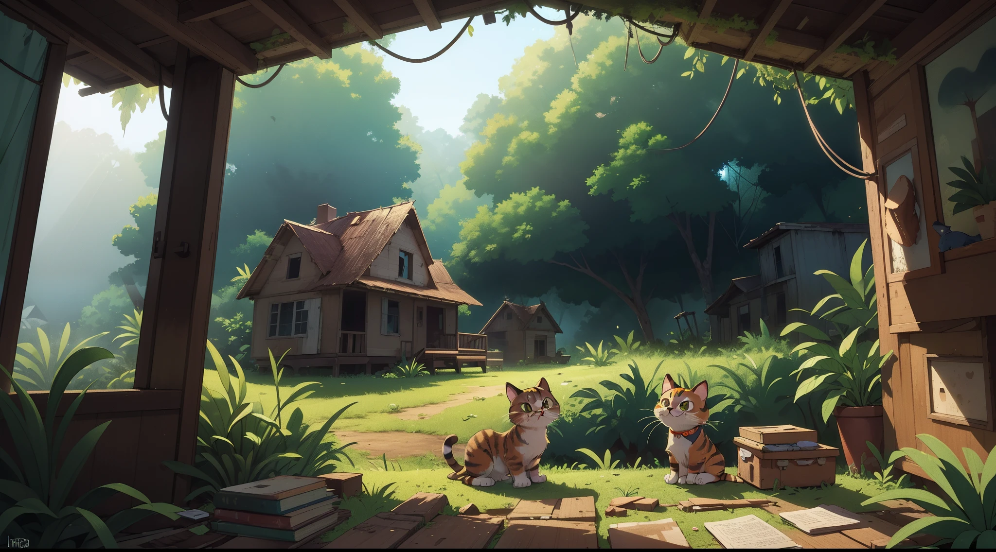 A cat is living in an abandoned house in the middle of the jungle, dia ensolarado, Volumetric lights, dynamic compositing, detalhes intrincados, high definiton, extremely high-resolution, scenic view, estilo anime