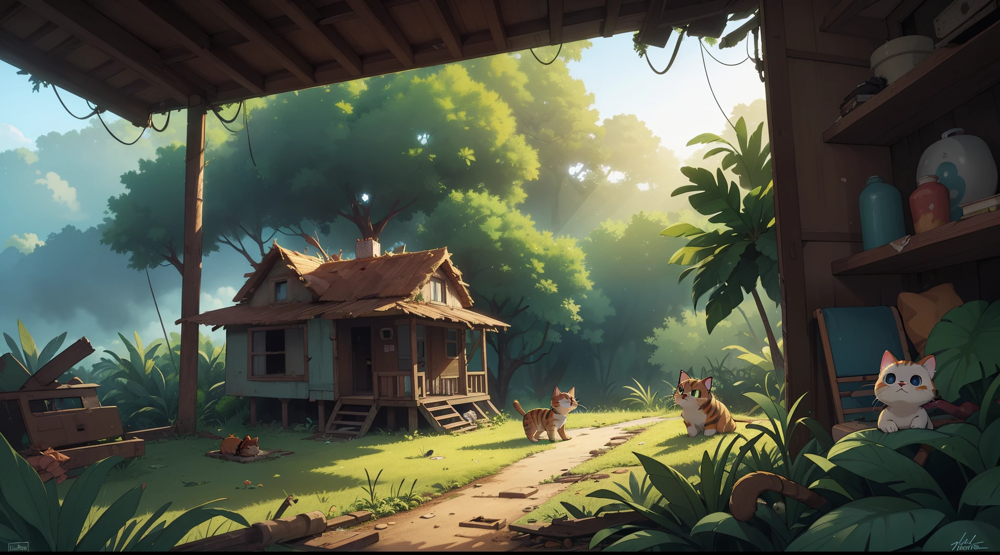 A cat is living in an abandoned house in the middle of the jungle, dia ensolarado, Volumetric lights, dynamic compositing, detalhes intrincados, high definiton, extremely high-resolution, scenic view, estilo anime