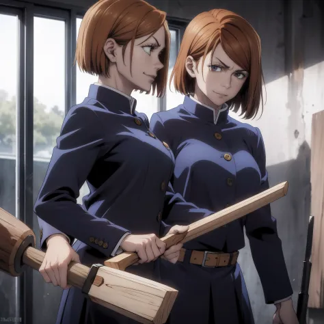 nobara, Jujutsu Kaisen, Brown hair,Shore Hair, Blue School Uniforms, (((Wielding a wooden hammer))), Psychopath Smile