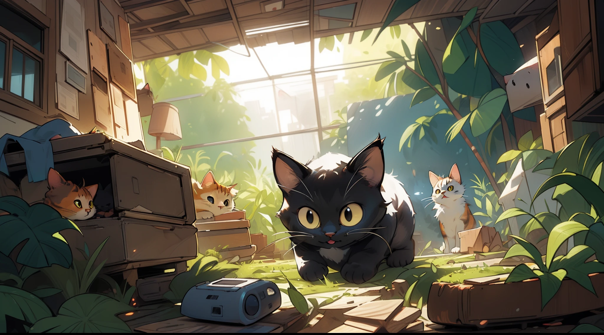 Um gato está vivendo em uma casa abandonada no meio da selva, dia ensolarado, Luzes volumétricas, composição dinâmica, detalhes intrincados, alta definição, Resolução extremamente alta, vista panorâmica, estilo anime