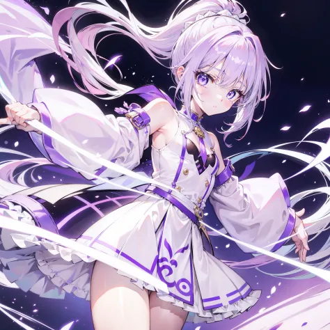 Lilac hair and ponytail，Milky white and bright light purple pupils and clothes，Petite figure，Very small, a sweet loli，It's a soft girl