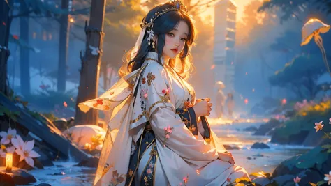 Anime girls in white and black dresses，Long hair shawl，((a beautiful fantasy empress))，palace，A girl in Hanfu，a beautiful fantasy empress，heise jinyao，anime goddess，flowing hair and long robes，lovely languid princess，onmyoji portrait，inspired by Ma Yuanyu，...