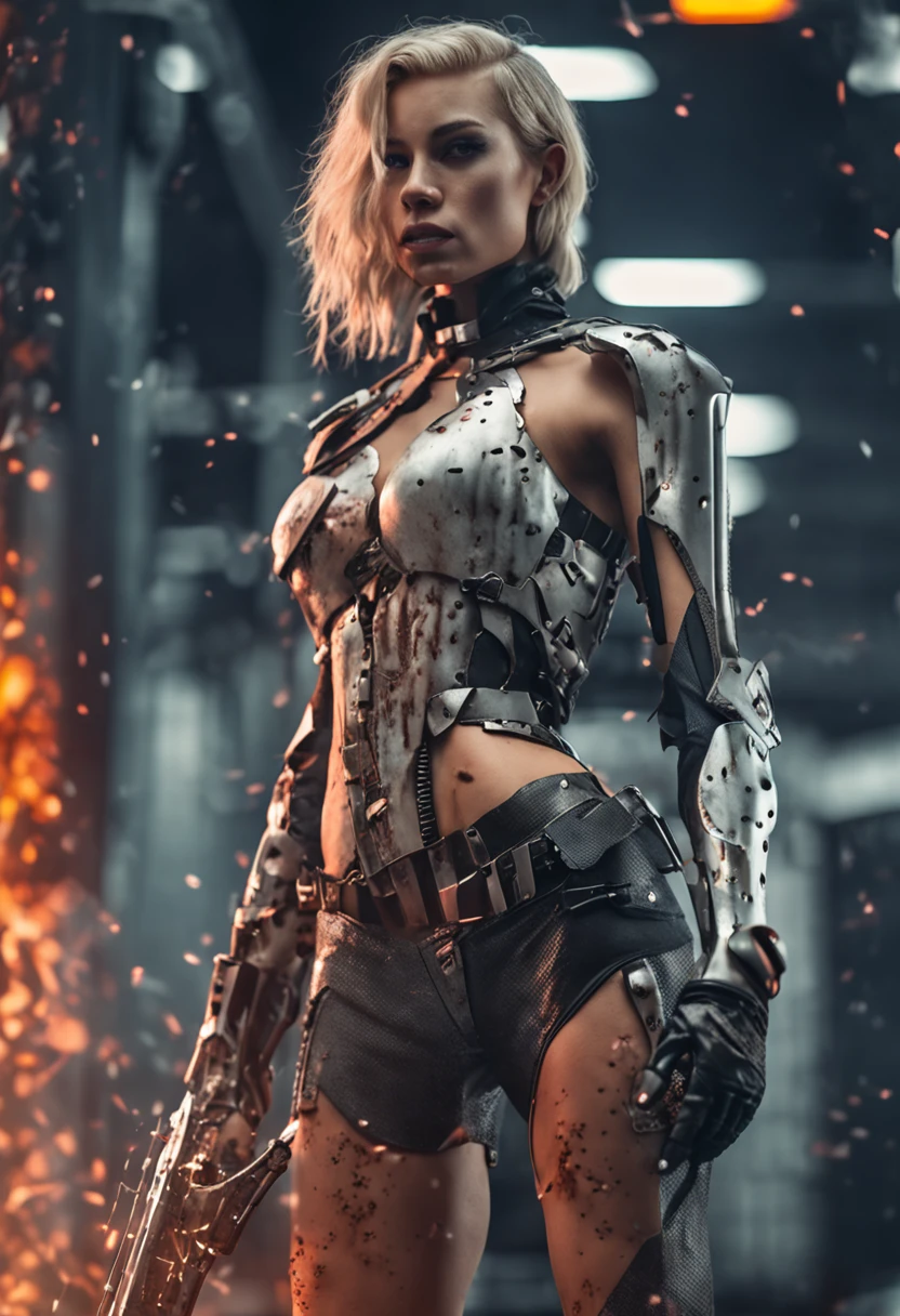 A woman in a futuristic outfit holding a gun and fire - SeaArt AI