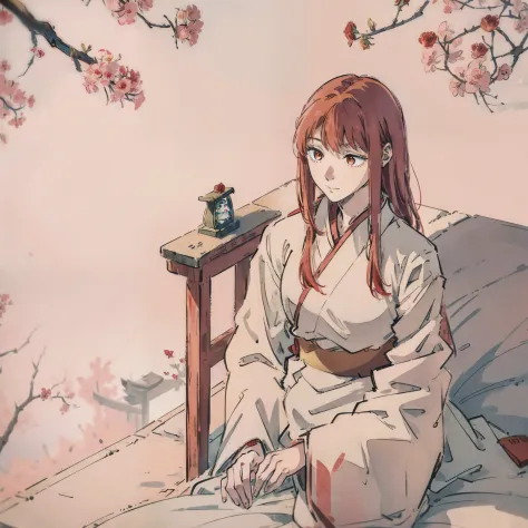 under a sakura tree，shrines。20yr old，Japan Priestess，Red long-haired，rose red eyes，White upper and red witch costume below，Littl...