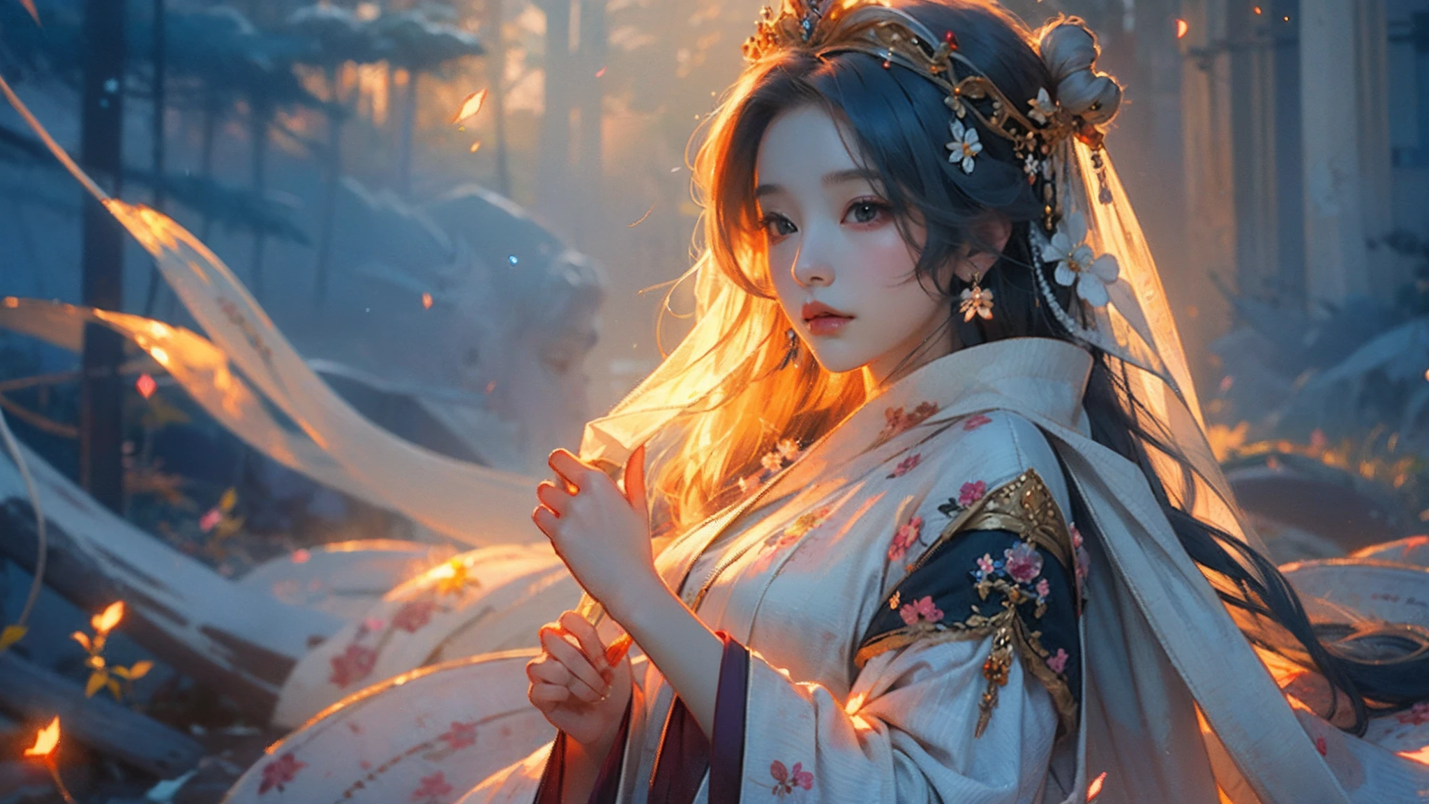 Anime girls in white and black dresses，Long hair shawl，((a beautiful fantasy empress))，palace，A girl in Hanfu，a beautiful fantasy empress，heise jinyao，anime goddess，flowing hair and long robes，lovely languid princess，onmyoji portrait，inspired by Ma Yuanyu，flowing white robe，sakura petals around her。