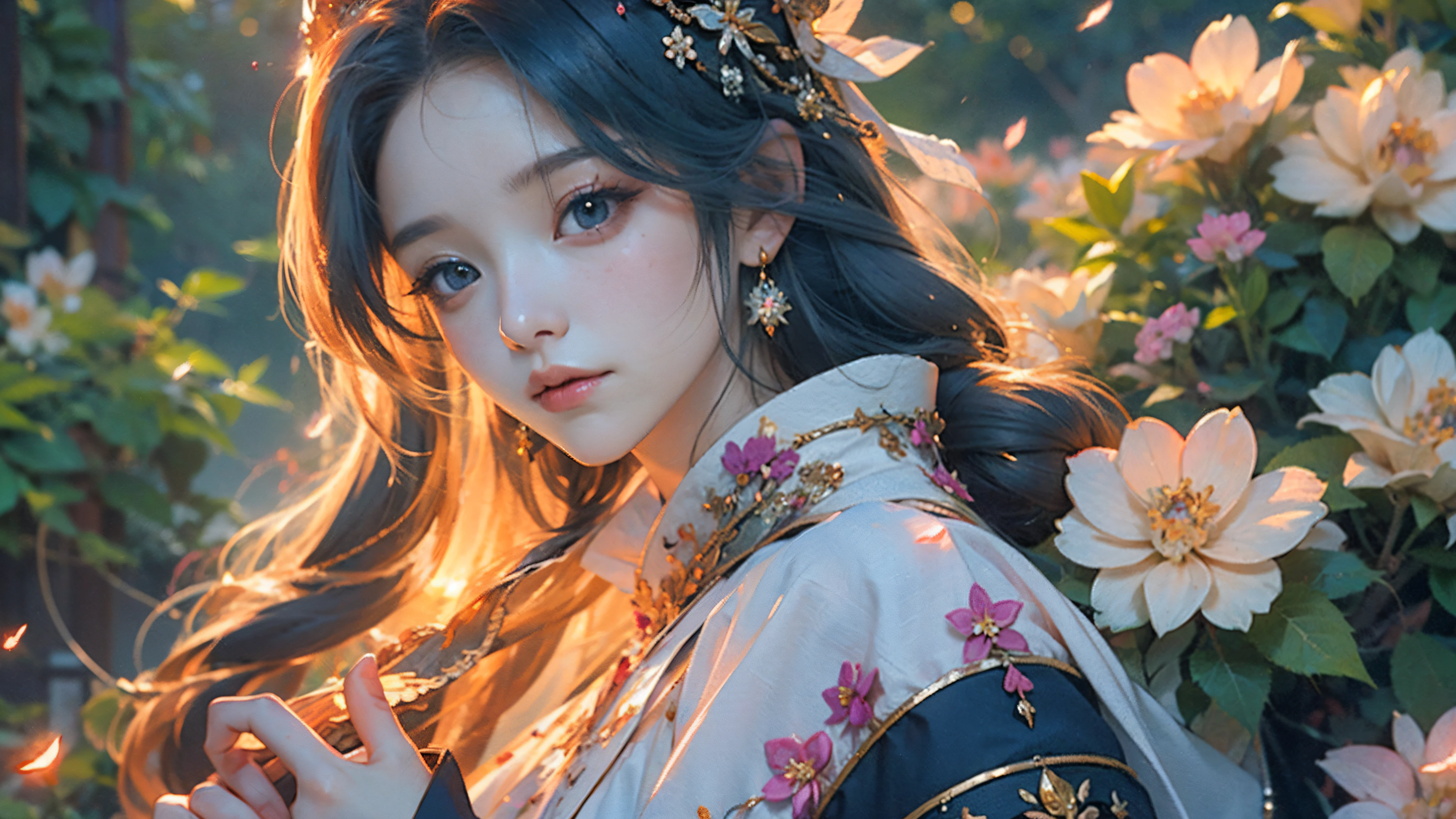 Anime girls in white and black dresses，Long hair shawl，((a beautiful fantasy empress))，palace，A girl in Hanfu，a beautiful fantasy empress，heise jinyao，anime goddess，flowing hair and long robes，lovely languid princess，onmyoji portrait，inspired by Ma Yuanyu，flowing white robe，sakura petals around her。