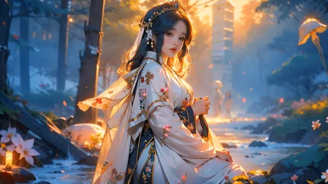 anime girls in white and black dresses，long hair shawl，((a beautiful fantasy empress))，palace，a girl in hanfu，a beautiful fantas...