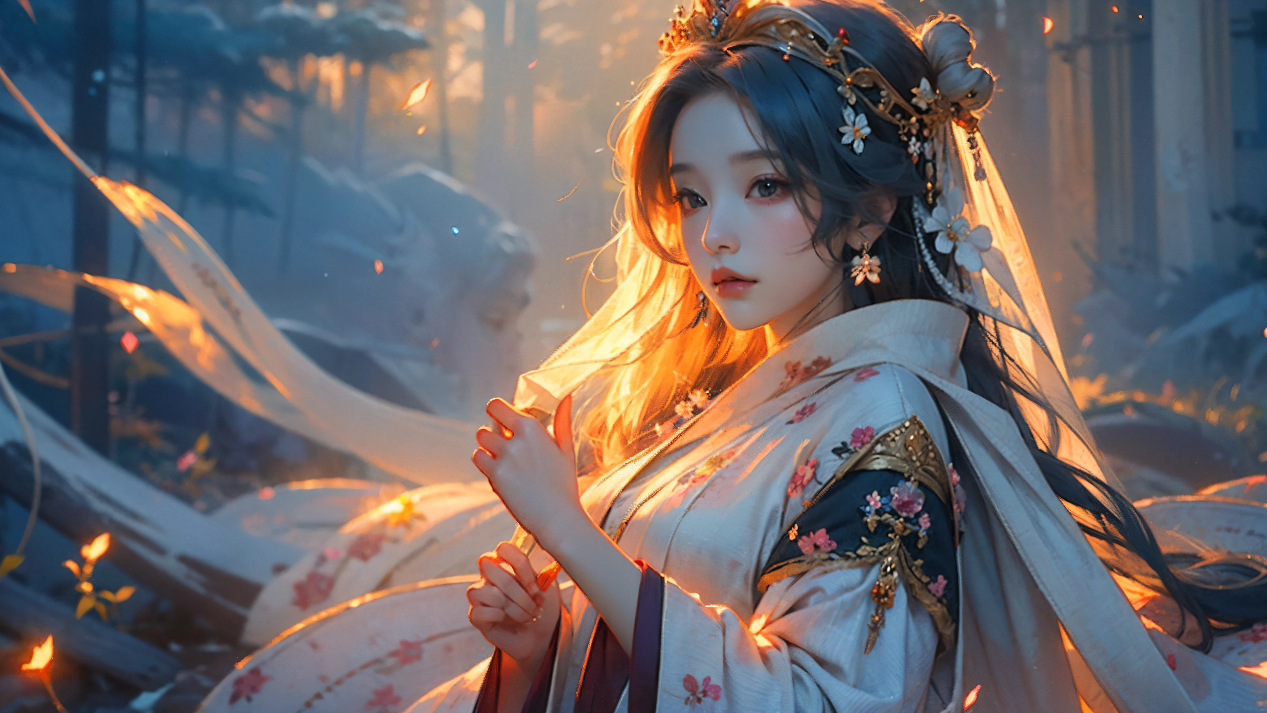 Garotas de anime em vestidos brancos e pretos，Xale de cabelo comprido，((uma linda imperatriz de fantasia))，Palácio，uma garota em hanfu，uma linda imperatriz de fantasia，Heise Jinyao，Deusa dos animes，cabelos soltos e vestes longas，linda princesa lânguida，retrato de onmyoji，inspirado em Ma Yuanyu，manto branco esvoaçante，pétalas de sakura ao seu redor。